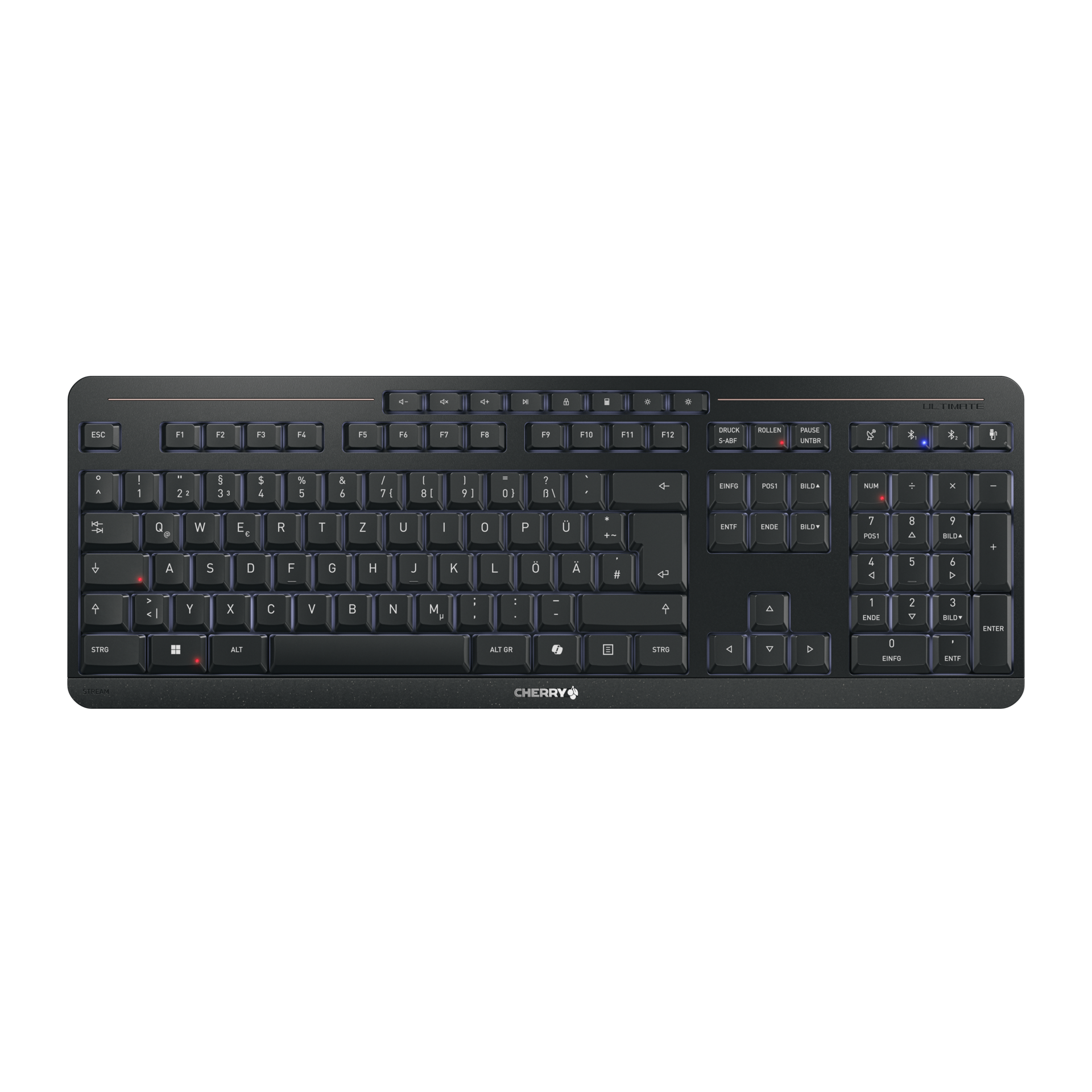 Cherry Stream Ultimate, Kabellose Tastatur 2x Bluetooth®-5.2-Kanäle, 2,4-GHz-Funk und USB, 8 Office- und Medientasten, CHERRY SX Scherenmechanik